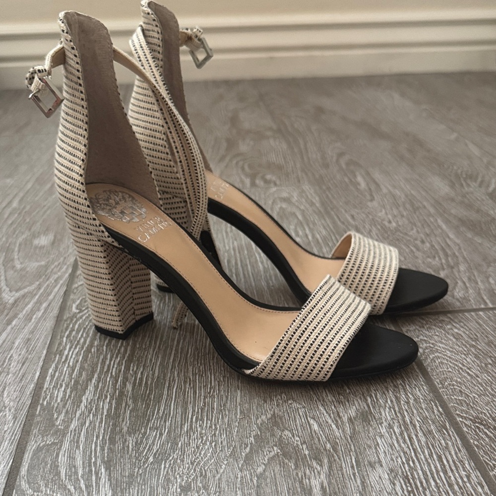Vince Camuto Black and Beige Textured Block Heel Sandals
